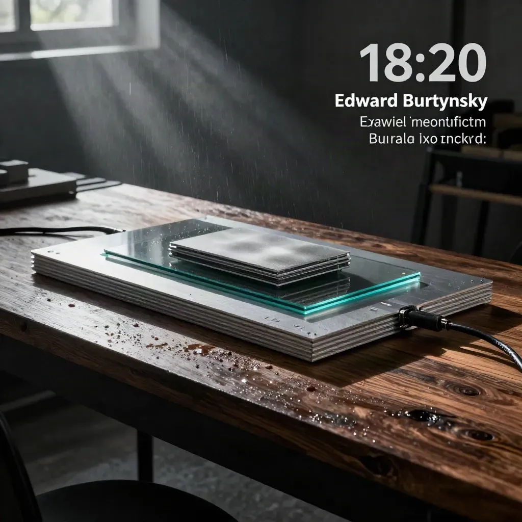 Donkere webdesign-opstelling met metaal, glas en kabels in dramatisch licht.