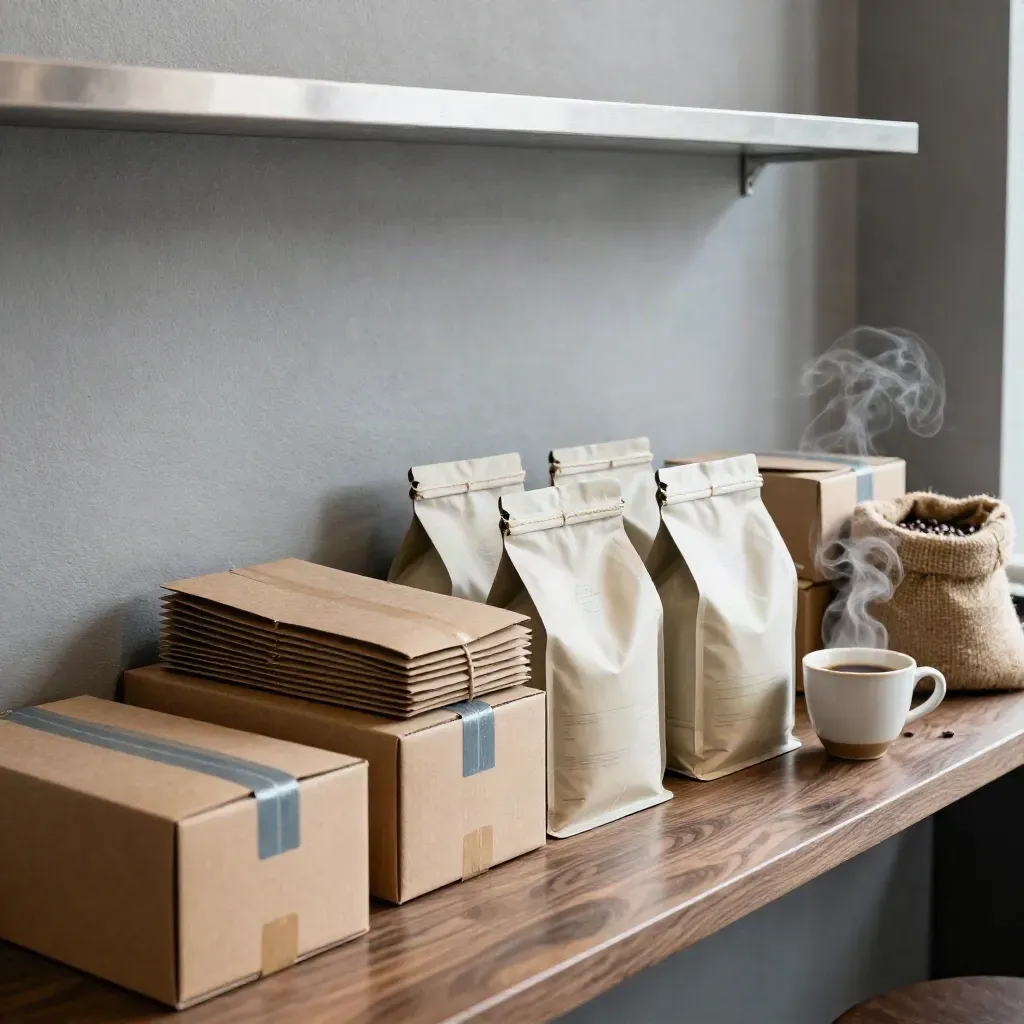 Kraft dozen en koffiezakken klaar voor verzending in een warme koffieruimte.