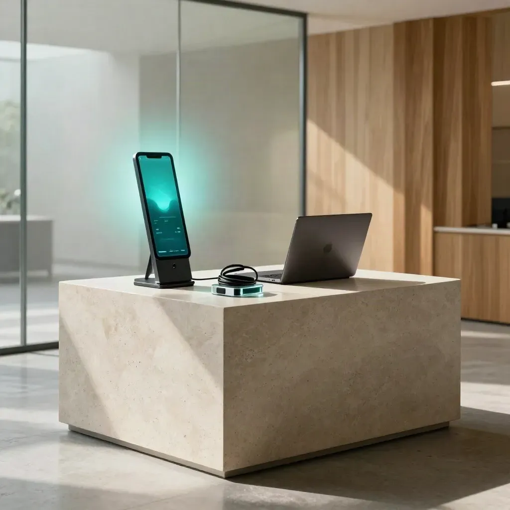 Lege demo-opstelling met kiosk, podium en gesloten laptop in een moderne webstudio.