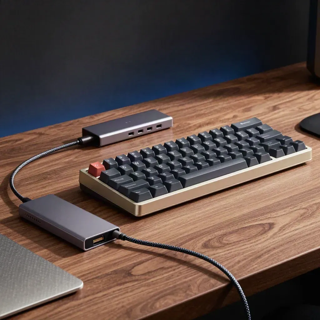 Mechanisch toetsenbord, usb-hub, SSD en gevlochten kabel op een donkere werkbank in dramatisch licht.