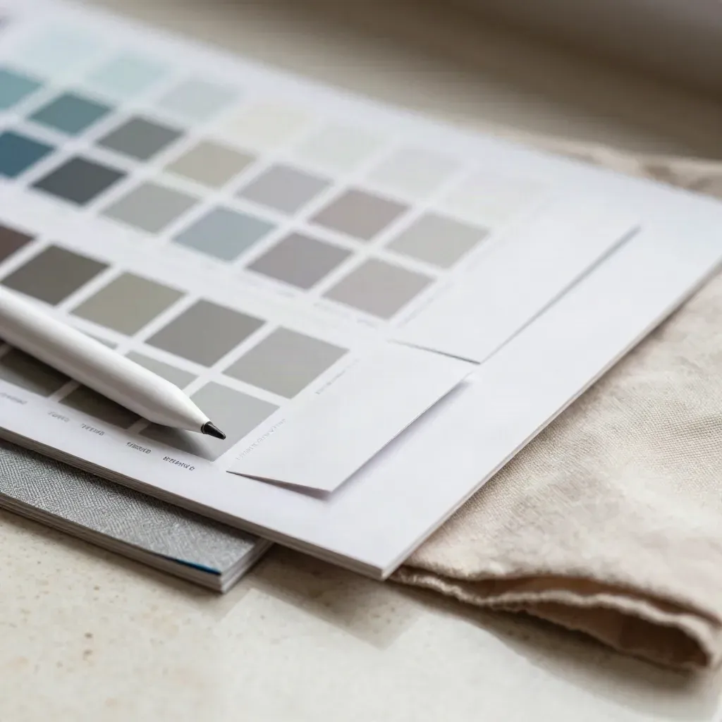 Macro van webdesign-tools: kleurstalen, witte vouwmallen, stylus en stoffen pouch op travertin.