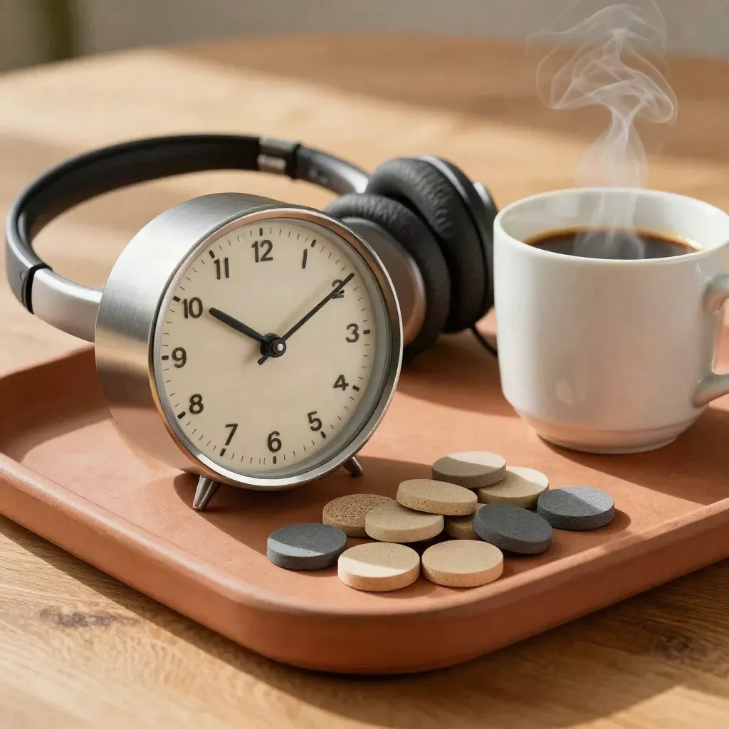 Still life met klok, keramische tokens, headset en koffiemok op warme terracotta ondergrond.