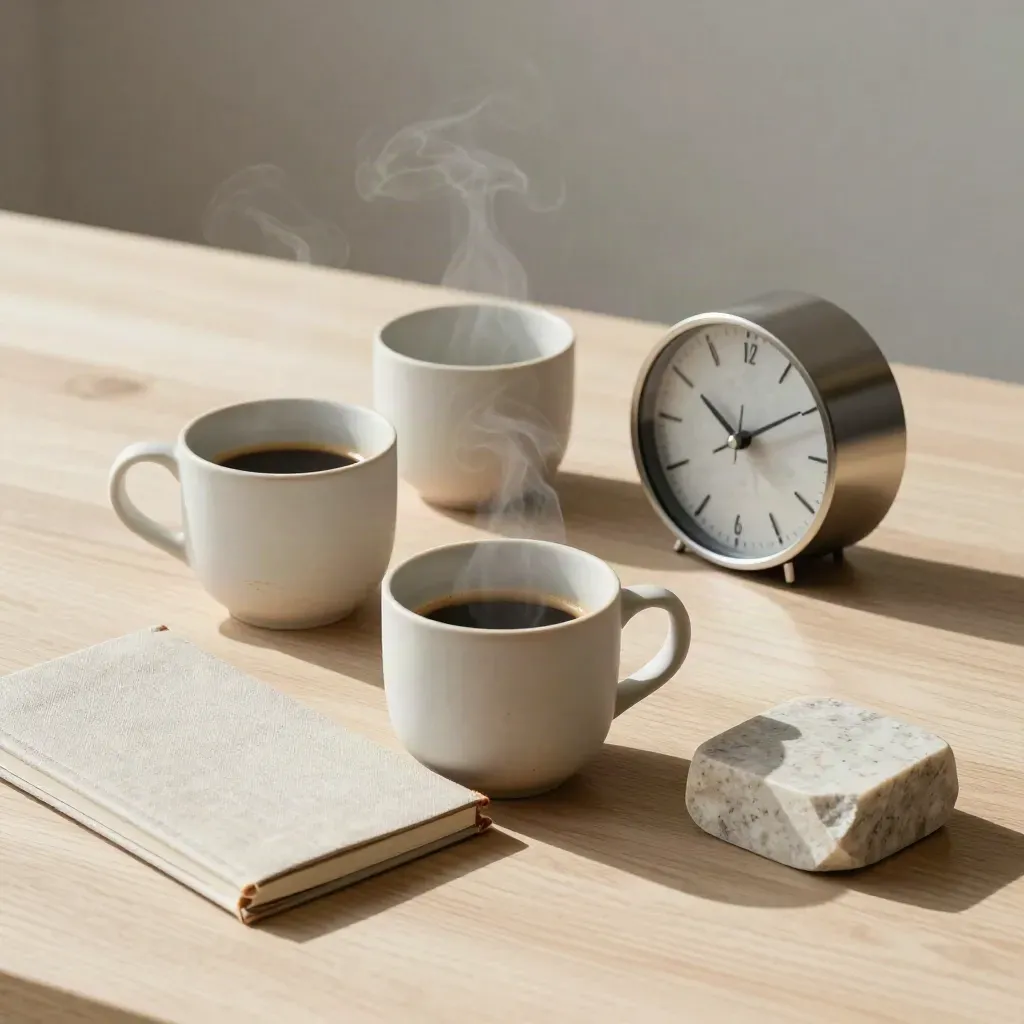 Bovenaanzicht van twee koffiekoppen, notitieboek, klok en steen op licht eikenhout.