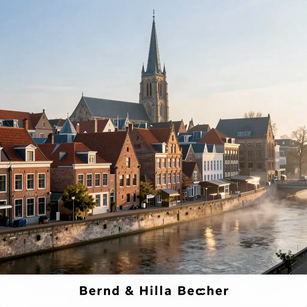 Den Bosch skyline met kerkspits, warme baksteen en rustige riviermist bij zonsondergang